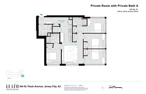 Floor plan for 1 bed, 1 bath, 103 sqft